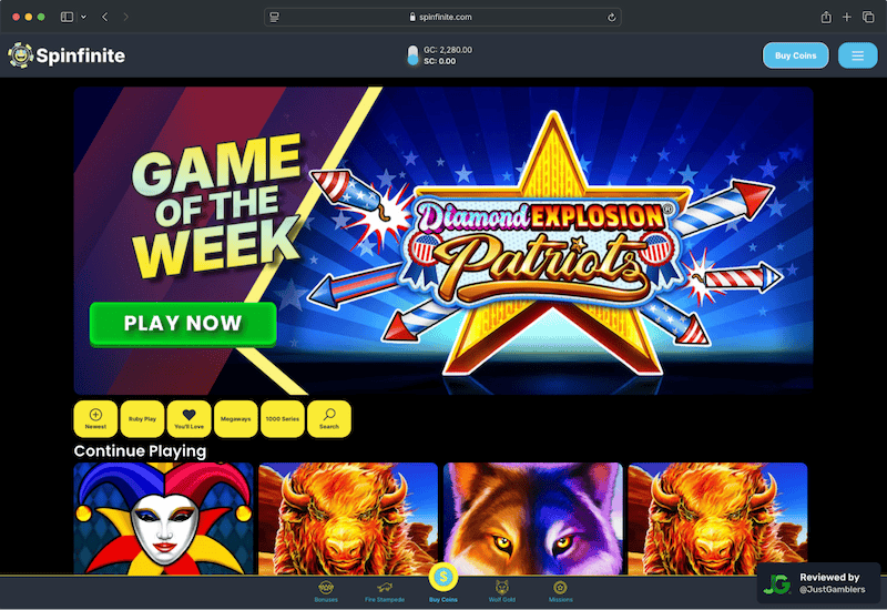Desktop screenshot of the starting page at Spinfinite.