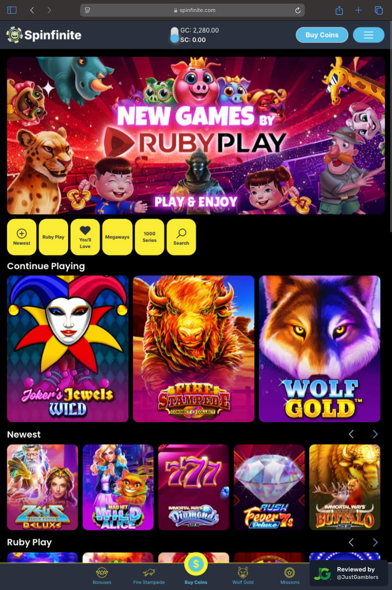 Tablet screenshot of the starting page at Spinfinite.
