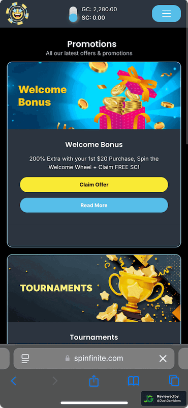 Mobile screenshot of the promo page at Spinfinite.
