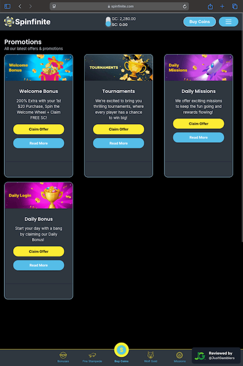 Tablet screenshot of the promo page at Spinfinite.