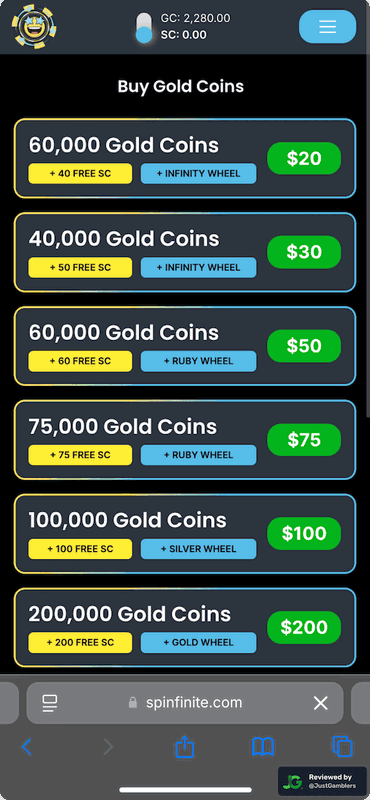 Mobile screenshot of the coin purchase process at Spinfinite.