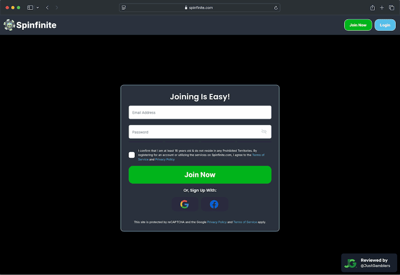 Desktop screenshot of the registration page at Spinfinite.