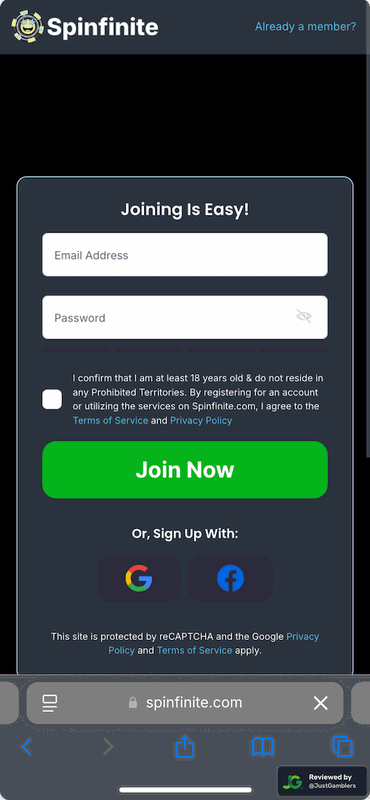 Mobile screenshot of the registration page at Spinfinite.