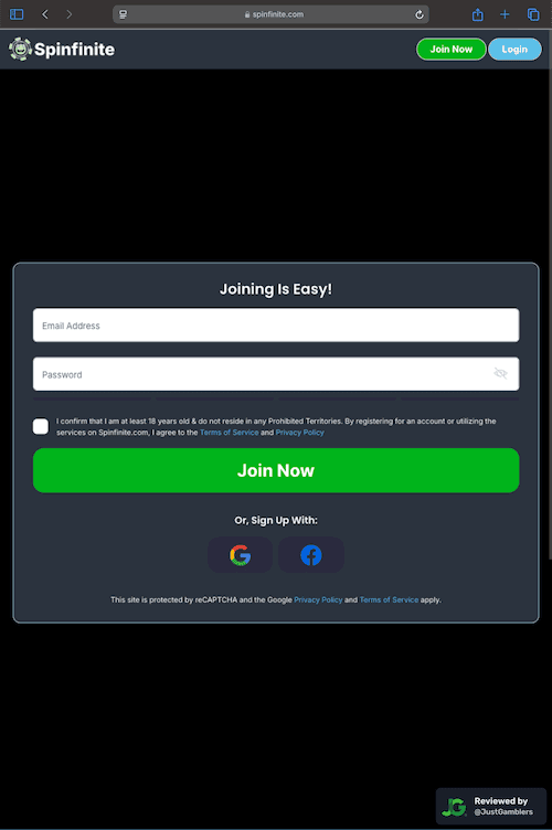 Tablet screenshot of the registration page at Spinfinite.