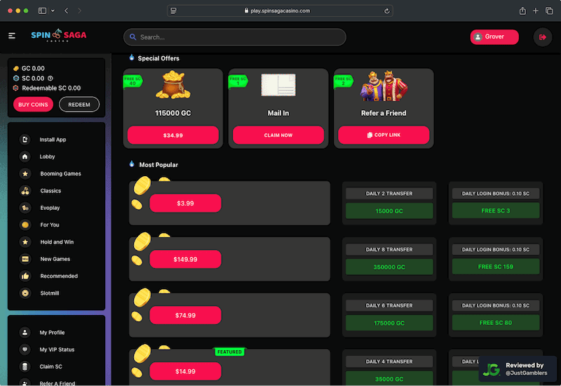 Desktop screenshot of the coin purchase process at SpinSaga.