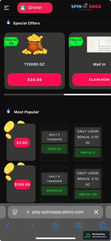 Mobile screenshot of the coin purchase process at SpinSaga.