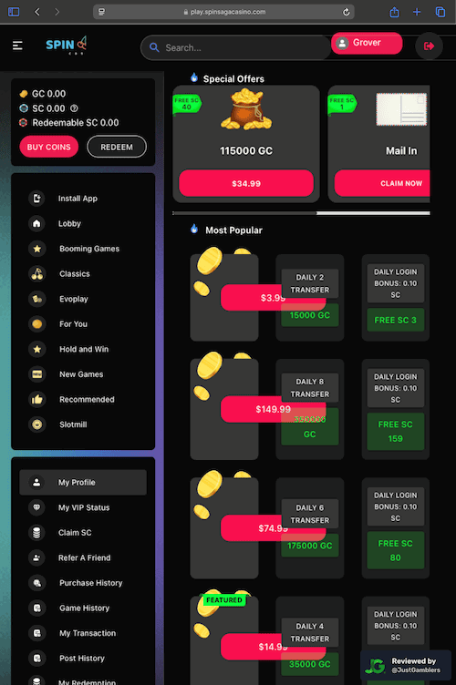 Tablet screenshot of the coin purchase process at SpinSaga.
