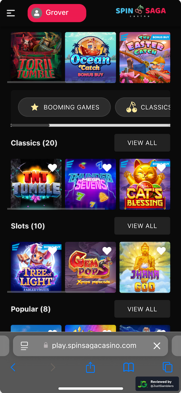 Mobile screenshot of the starting page at SpinSaga.