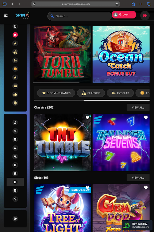 Tablet screenshot of the starting page at SpinSaga.