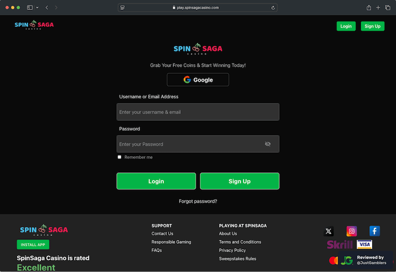Desktop screenshot of the registration page at SpinSaga.
