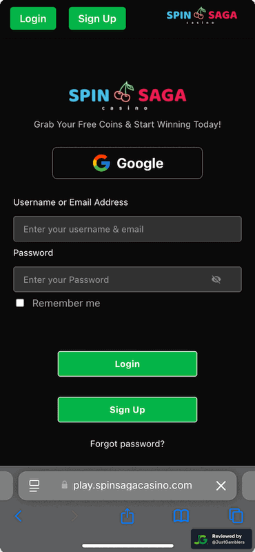 Mobile screenshot of the registration page at SpinSaga.