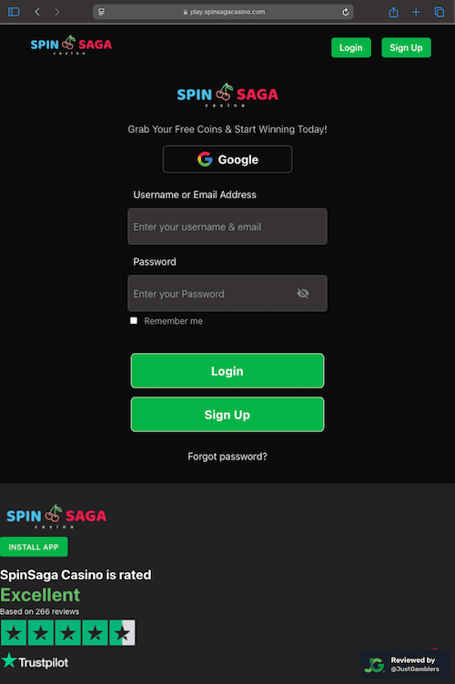 Tablet screenshot of the registration page at SpinSaga.