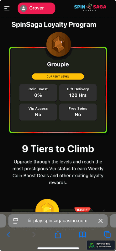 Mobile screenshot of the promo page at SpinSaga.