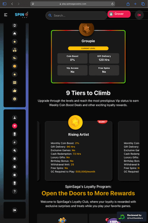 Tablet screenshot of the promo page at SpinSaga.