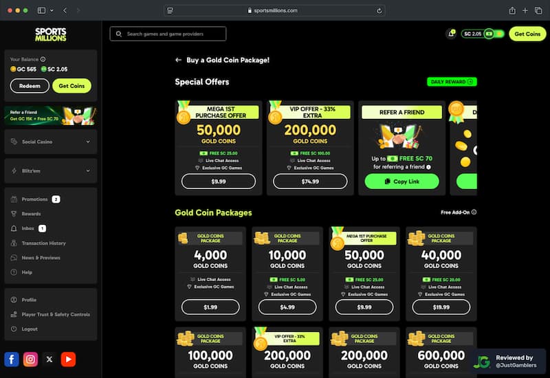 Desktop screenshot of the coin purchase process at Sports Millions.