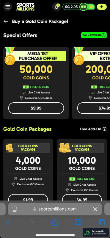 Mobile screenshot of the coin purchase process at Sports Millions.