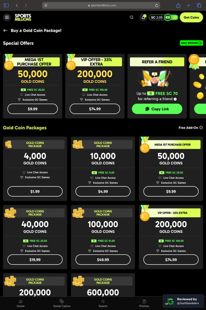 Tablet screenshot of the coin purchase process at Sports Millions.