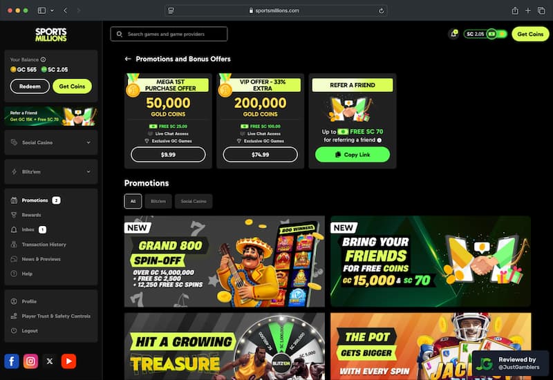 Desktop screenshot of the promo page at Sports Millions.