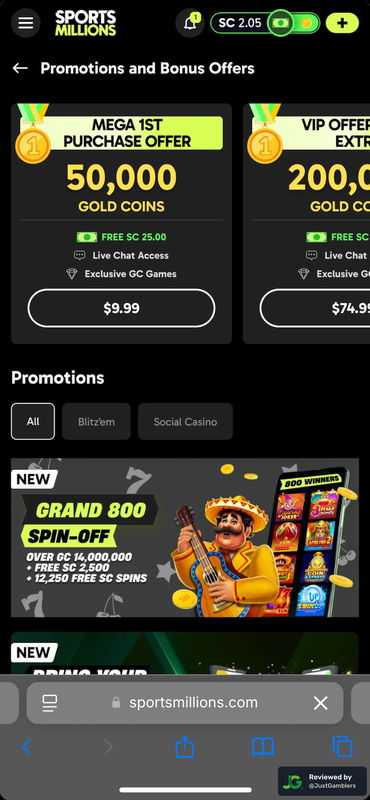 Mobile screenshot of the promo page at Sports Millions.