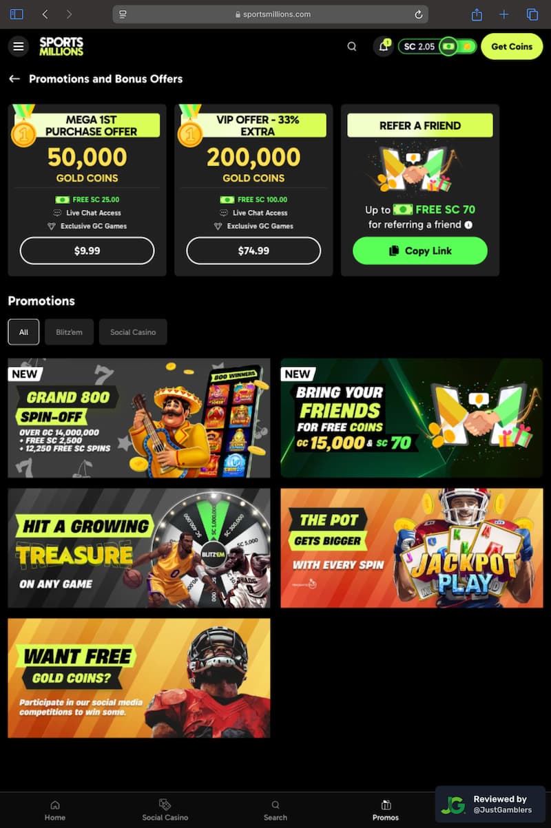 Tablet screenshot of the promo page at Sports Millions.