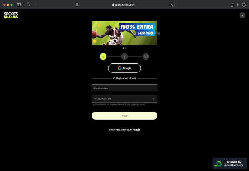 Desktop screenshot of the registration page at Sports Millions.