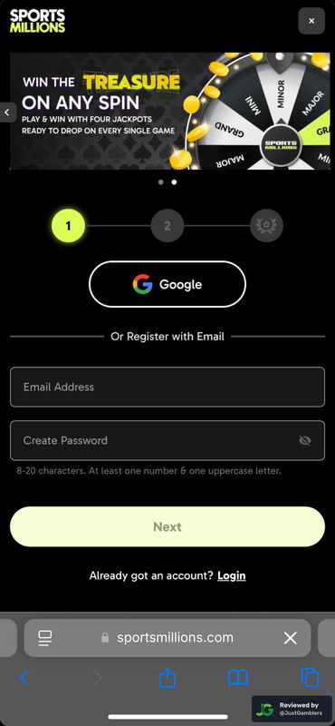 Mobile screenshot of the registration page at Sports Millions.