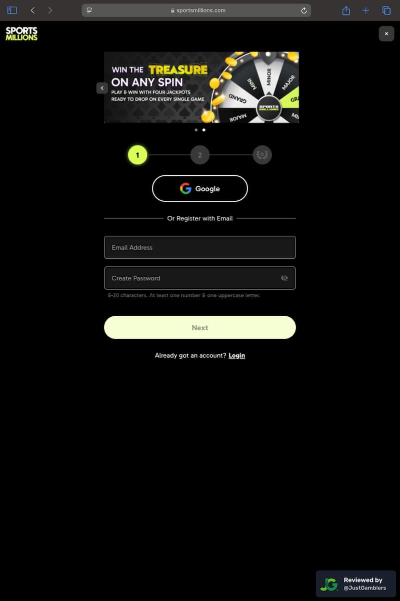 Tablet screenshot of the registration page at Sports Millions.