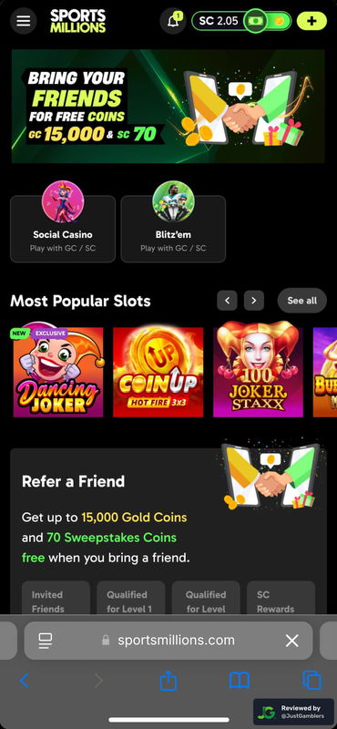 Mobile screenshot of the starting page at Sports Millions.
