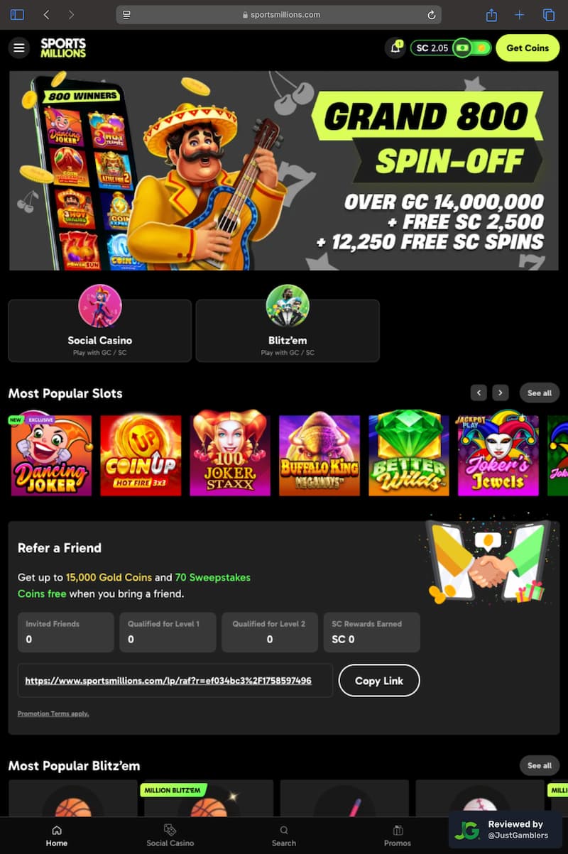 Tablet screenshot of the starting page at Sports Millions.
