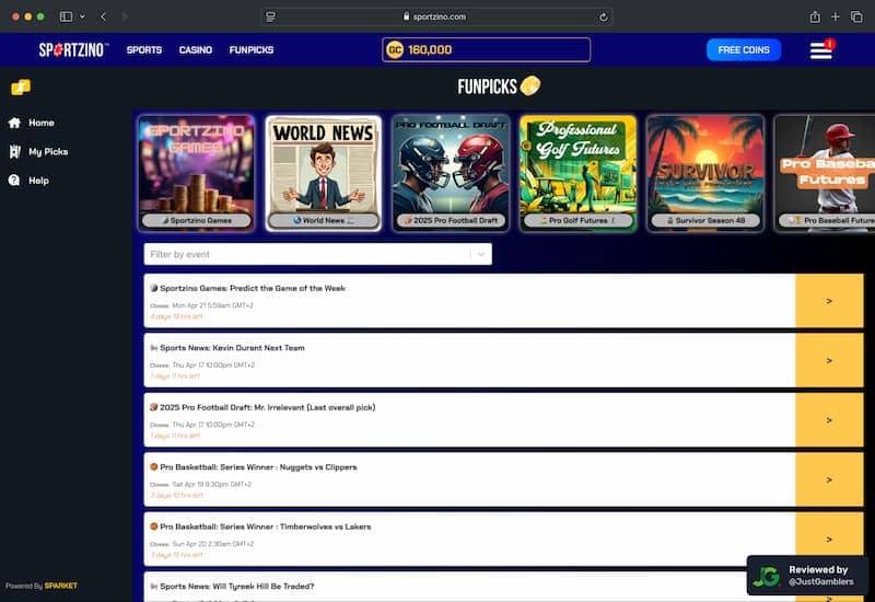 Desktop screenshot of the prediction markets page at Sportzino.