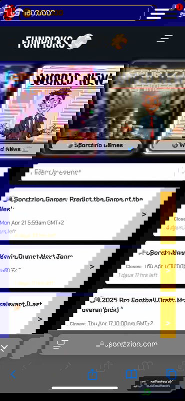 Mobile screenshot of the prediction markets page at Sportzino.