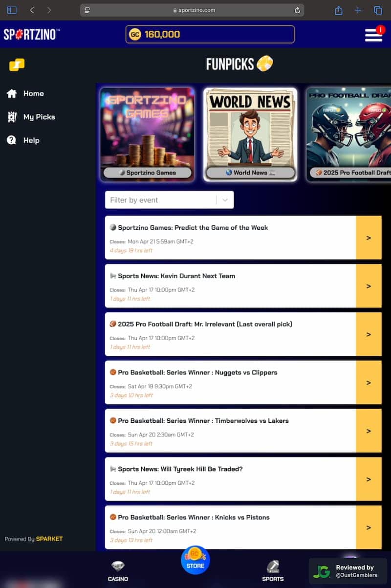 Tablet screenshot of the prediction markets page at Sportzino.