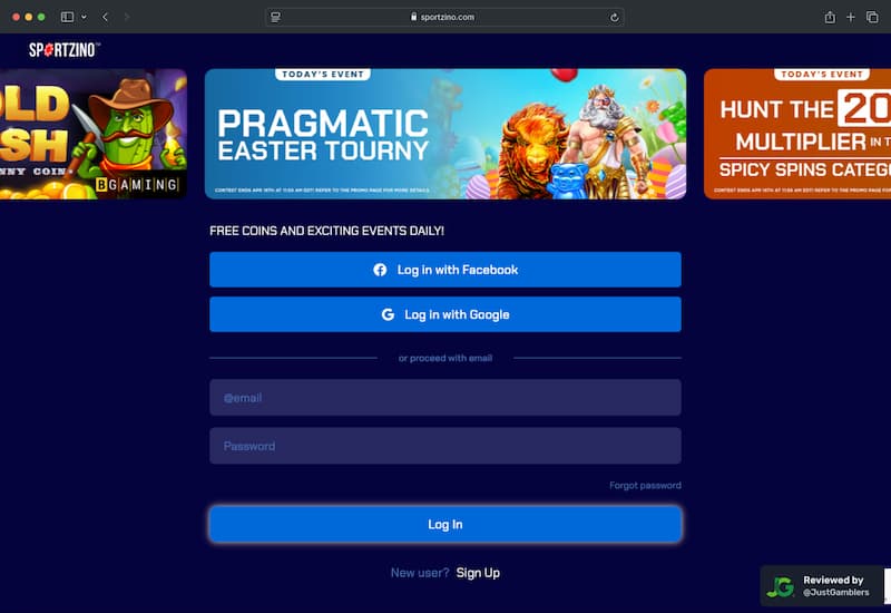 Desktop screenshot of the registration page at Sportzino.