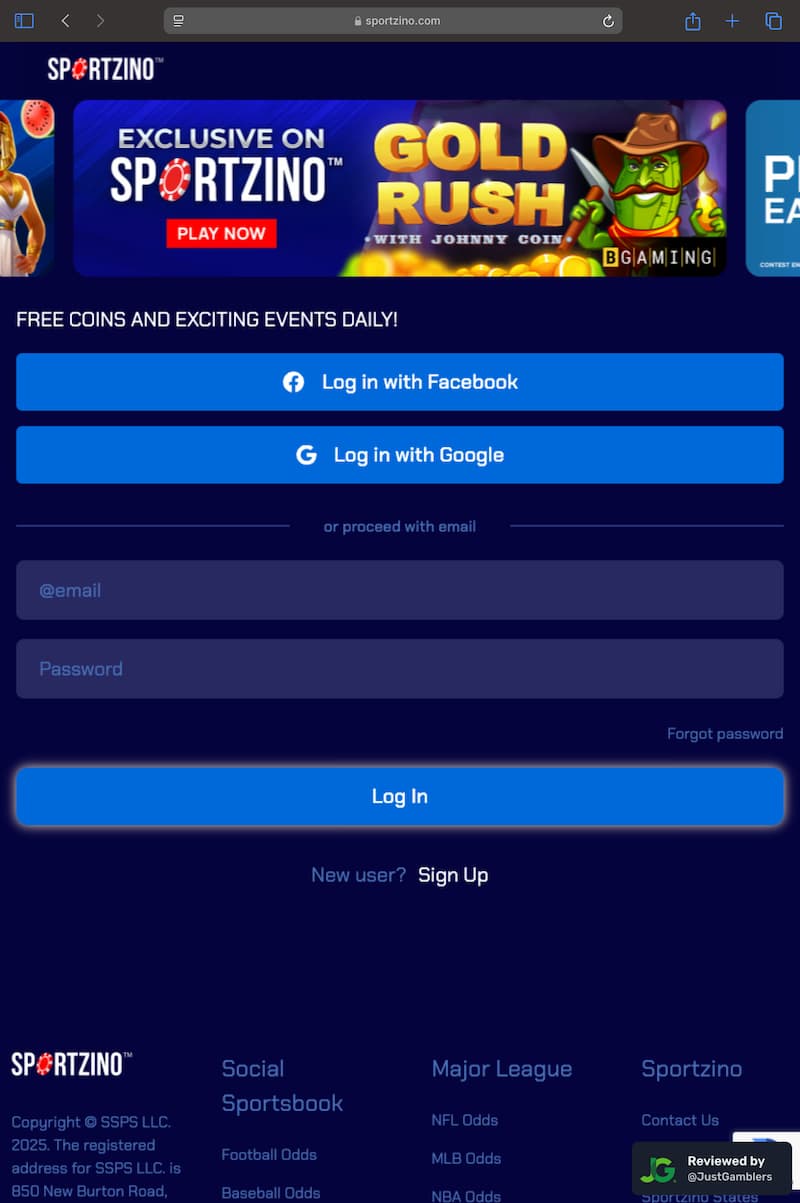 Tablet screenshot of the registration page at Sportzino.