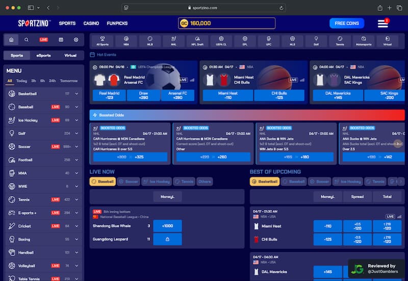 Desktop screenshot of the sports betting page at Sportzino.