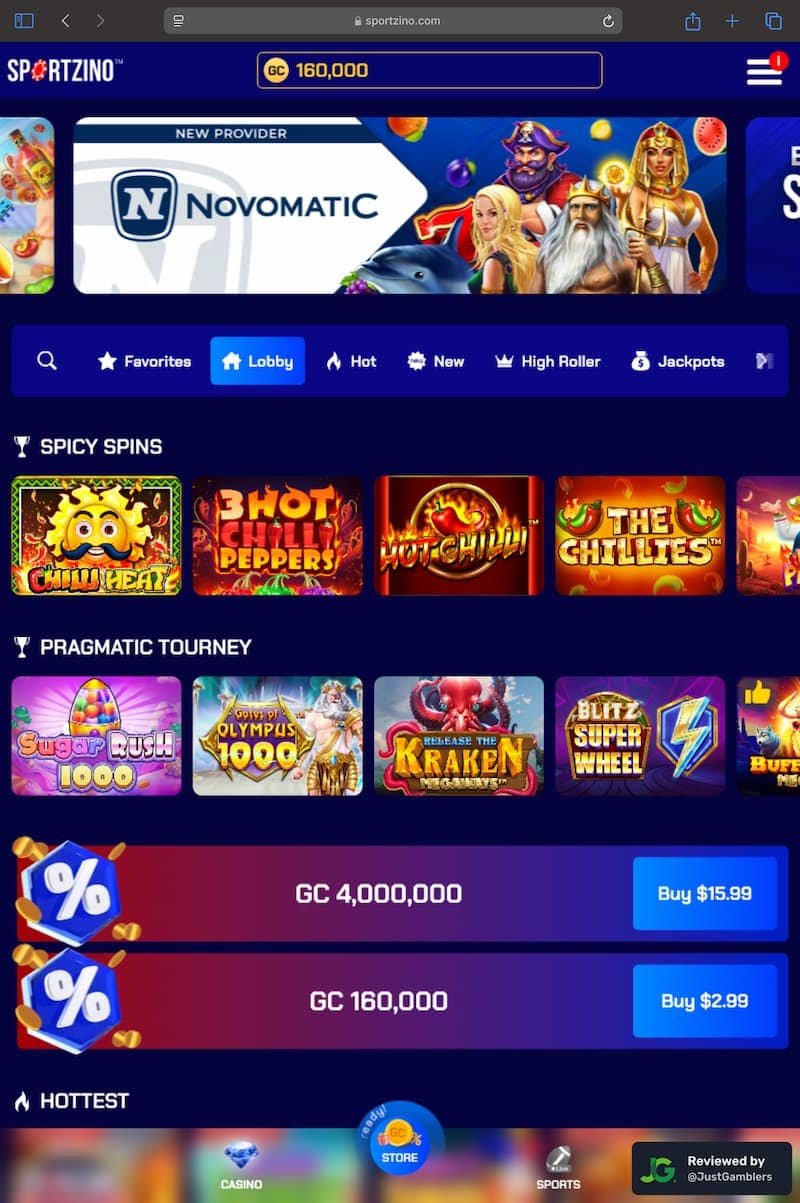 Tablet screenshot of the starting page at Sportzino.