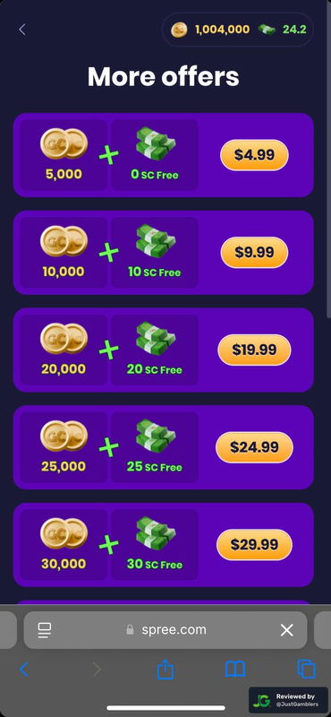 Mobile screenshot of the coin purchase process at Spree.