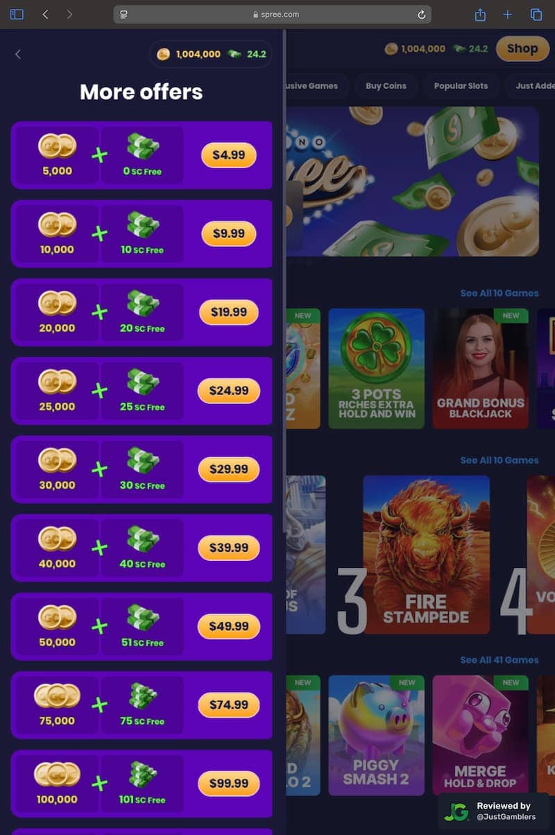 Tablet screenshot of the coin purchase process at Spree.