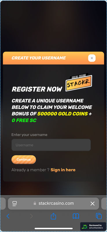 Mobile screenshot of the registration page at Stackr.