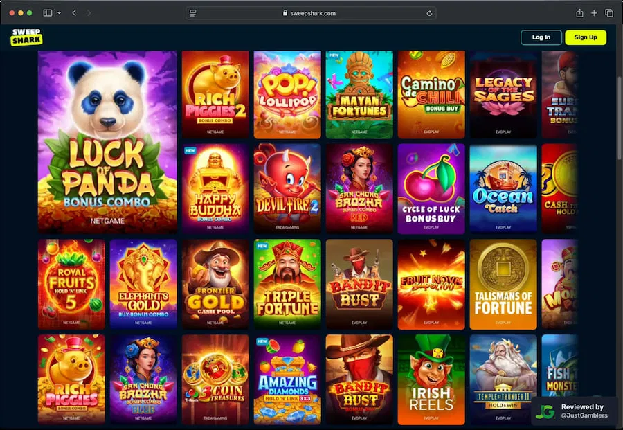 Desktop screenshot of the gaming library page at SweepShark.