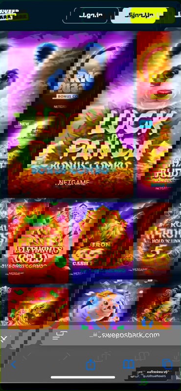 Mobile screenshot of the gaming library page at SweepShark.