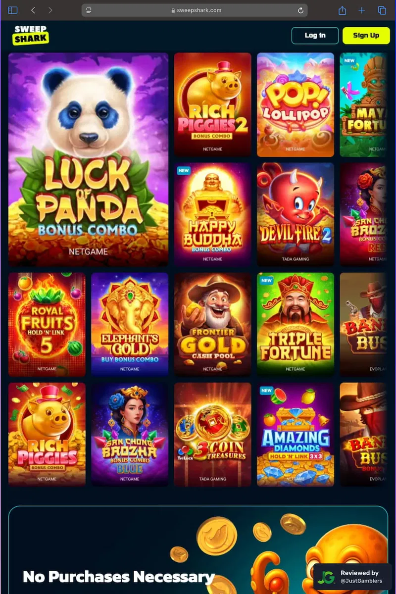 Tablet screenshot of the gaming library page at SweepShark.