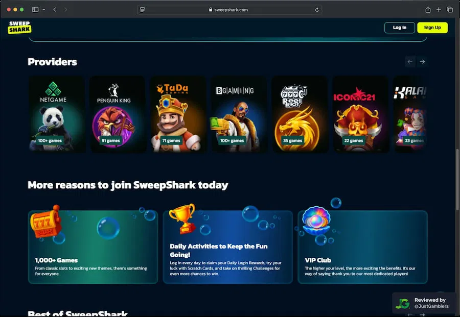 Desktop screenshot of the gaming providers page at SweepShark.