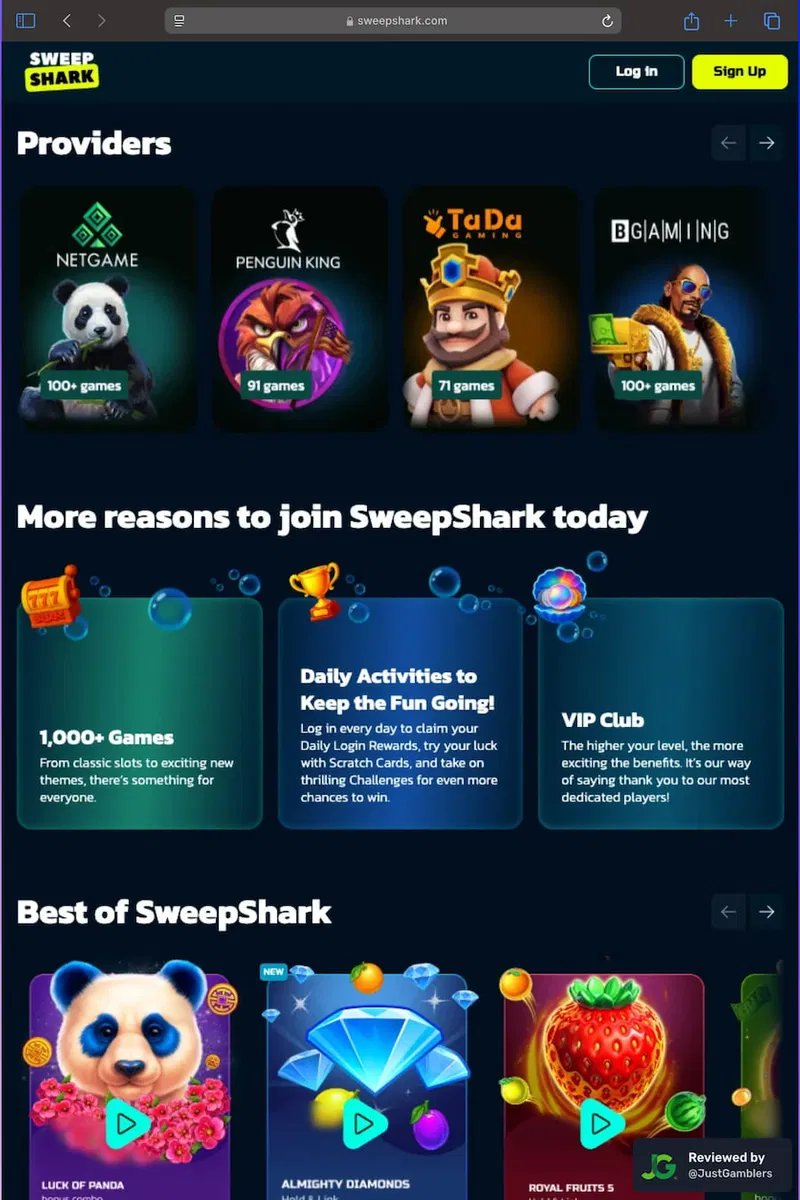 Tablet screenshot of the gaming providers page at SweepShark.