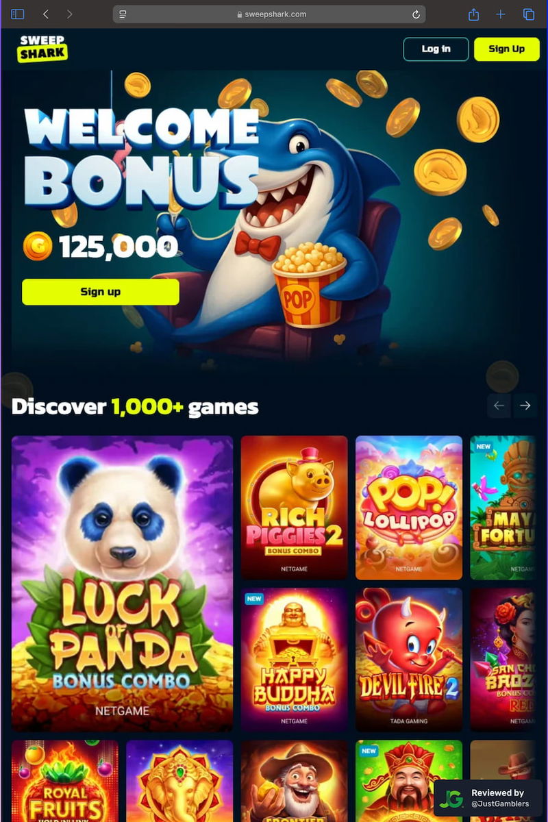 Tablet screenshot of the landing page at SweepShark.