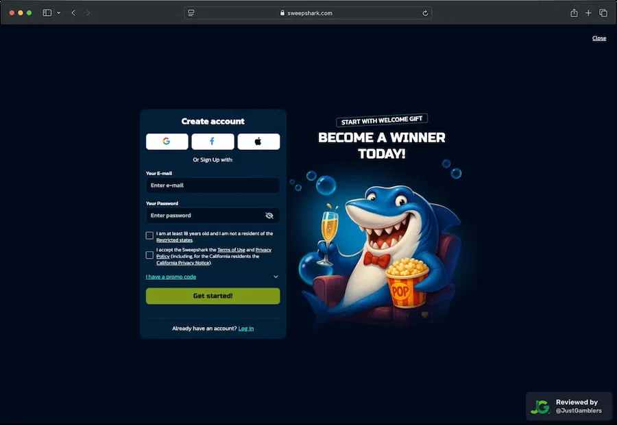Desktop screenshot of the registration page at SweepShark.