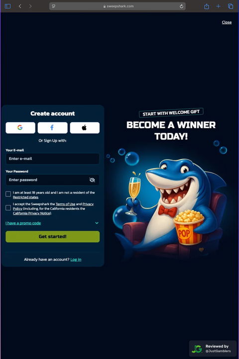 Tablet screenshot of the registration page at SweepShark.