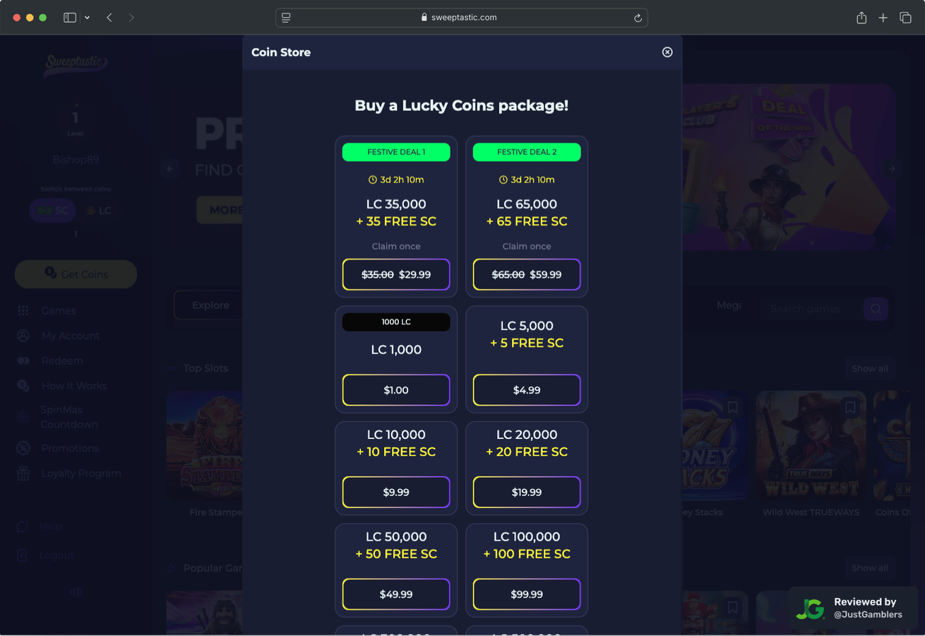 Desktop Screenshot of Sweeptastic Coin Purchase Page