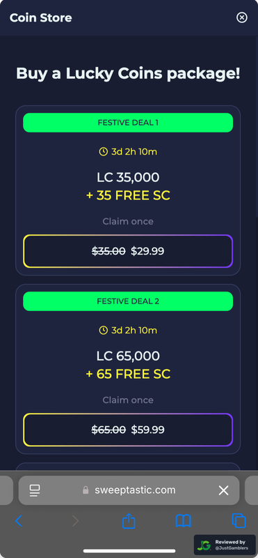Mobile Screenshot of Sweeptastic Coin Purchase Page