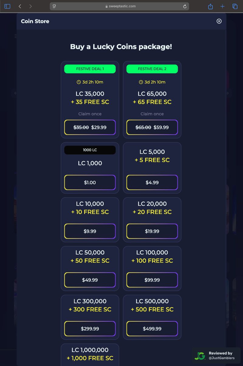 Tablet Screenshot of Sweeptastic Coin Purchase Page